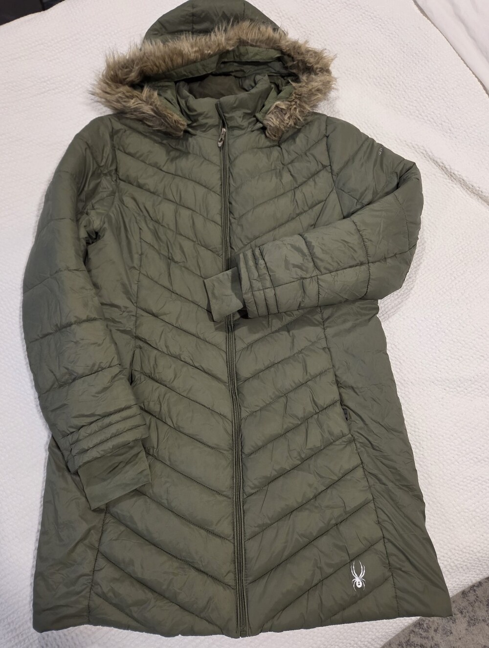 Spyder Olive Green Quilted Hooded Puffer Coat with Faux Fur Trim